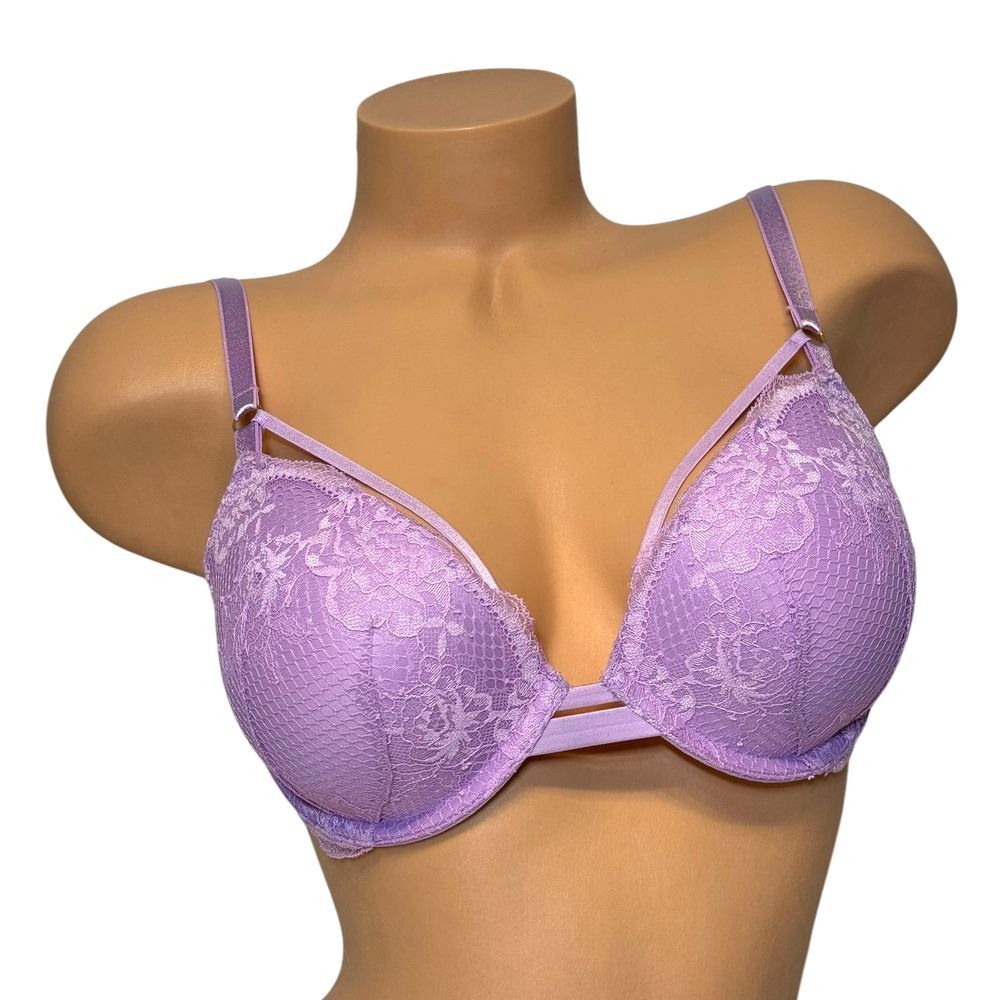 VICTORIA'S SECRET 34D Very Sexy Push-Up Plunge Add 1 Cup Bra Floral Lace Lilac